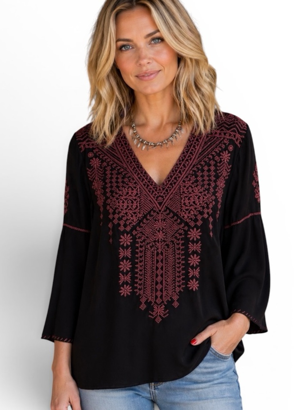 Johnny Was heavily embroidered silk Gene swing blouse NWT (oversized)